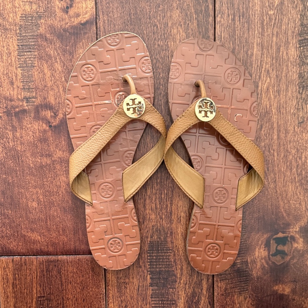 Tory Burch Tan and Brown Flip Flops